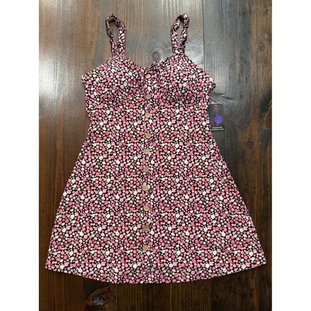 No Boundaries Floral Milkmaid Dress Black Pink Mini L 11-13 New